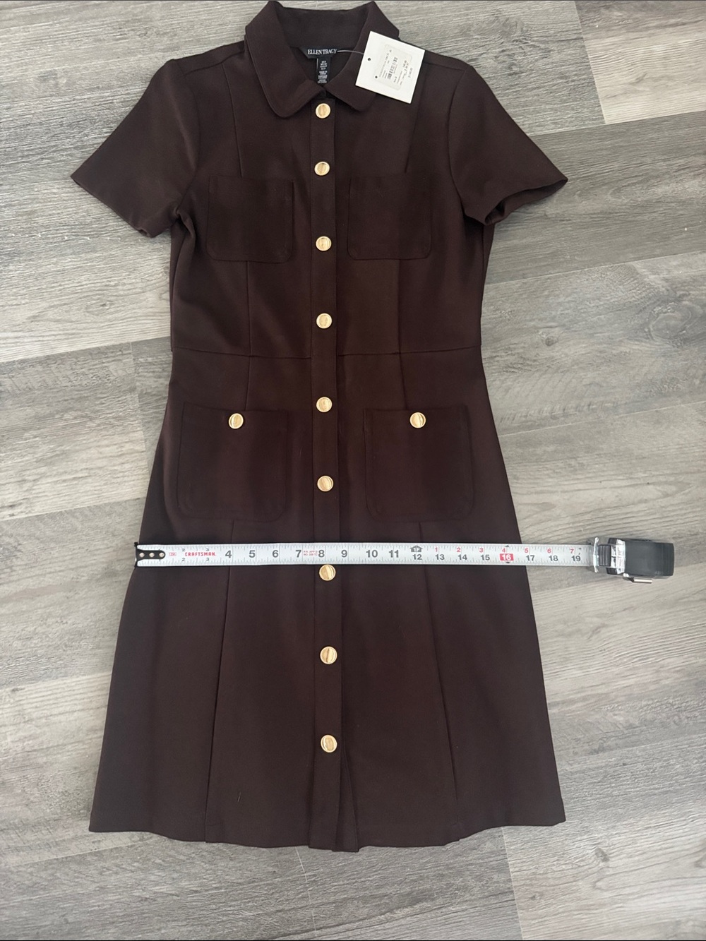 Ellen Tracy Dark Brown Midi Dress w/ Gold Snap Buttons NWT Size Small - Picture 6 of 10